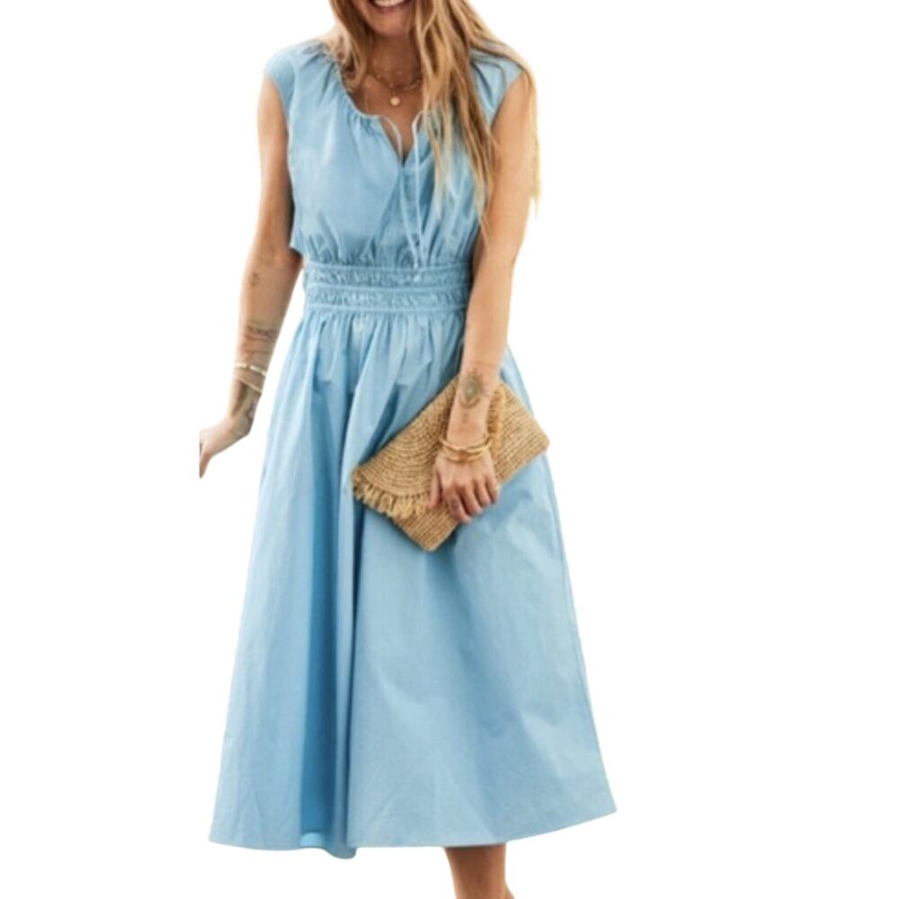 Faherty Blue Amalfi Organic Cotton Midi Dress Womens XS Boho Casual Summer